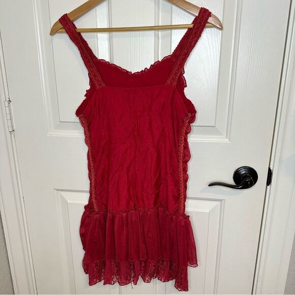 Pretty Angel Red Rosette Appliqué Floral Lace Linen Blend Tunic Mini Dress Sz M - Picture 3 of 11